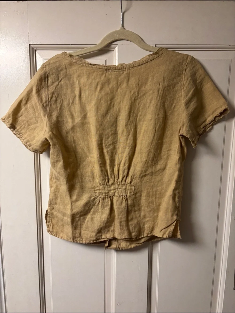 Cut loose line scoop neck button front blouse short sleeve boho yellow beige - Picture 5 of 8